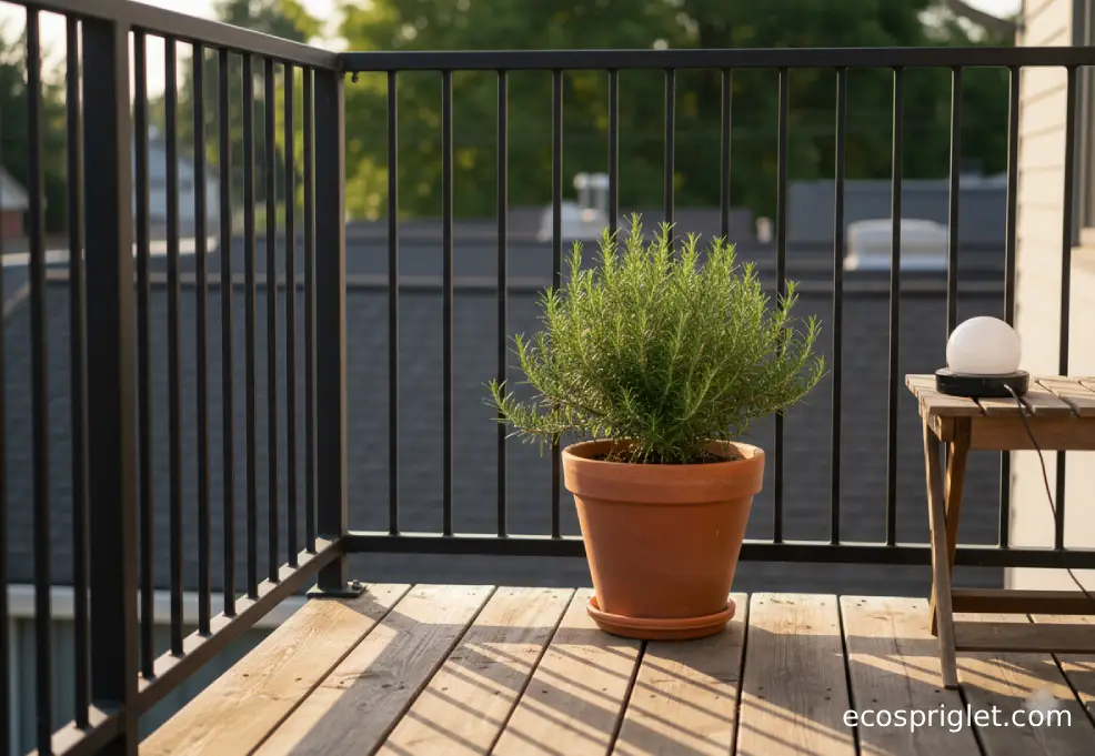Potted rosemary placed in direct sun near a balcony railing with open airflow and warm golden-hour light.