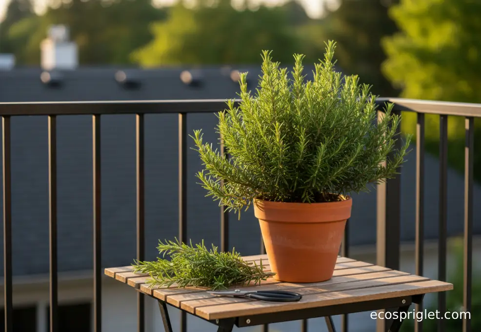 Pruning shears and fresh rosemary sprigs on a table next to a bushy potted rosemary plant at golden hour.