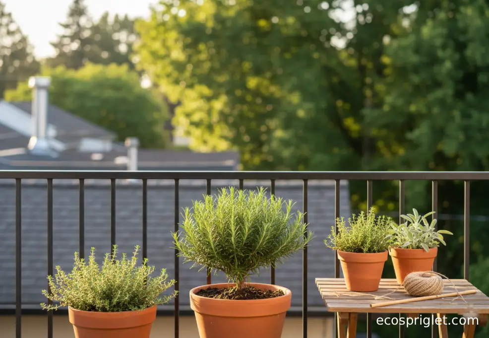 Rosemary trained into a simple topiary shape in a terracotta pot beside other herbs on a sunset balcony.