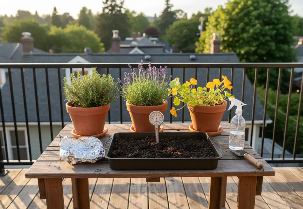 Close-up of a soil thermometer inserted into moist potting mix in a metal baking pan.