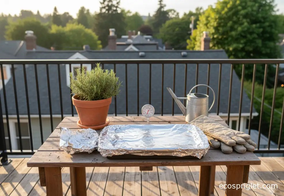 Moist potting soil in a foil-covered baking pan prepared for oven pasteurization.