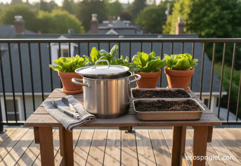Stockpot steamer setup holding shallow trays of damp potting mix for sanitizing.