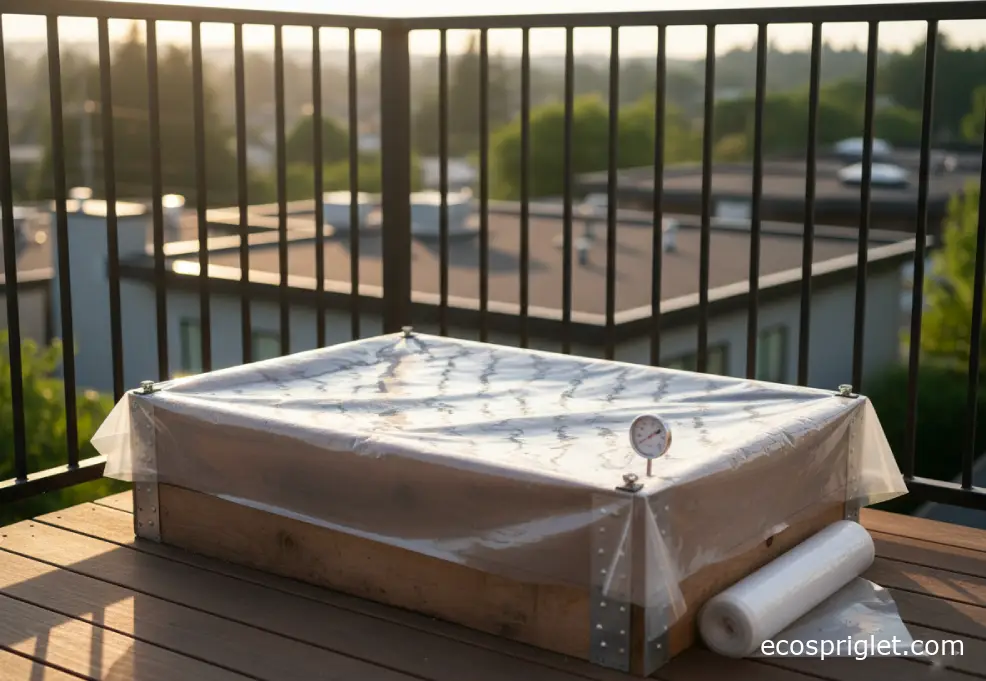 Clear plastic stretched over moist soil for solarization on a sunny terrace.
