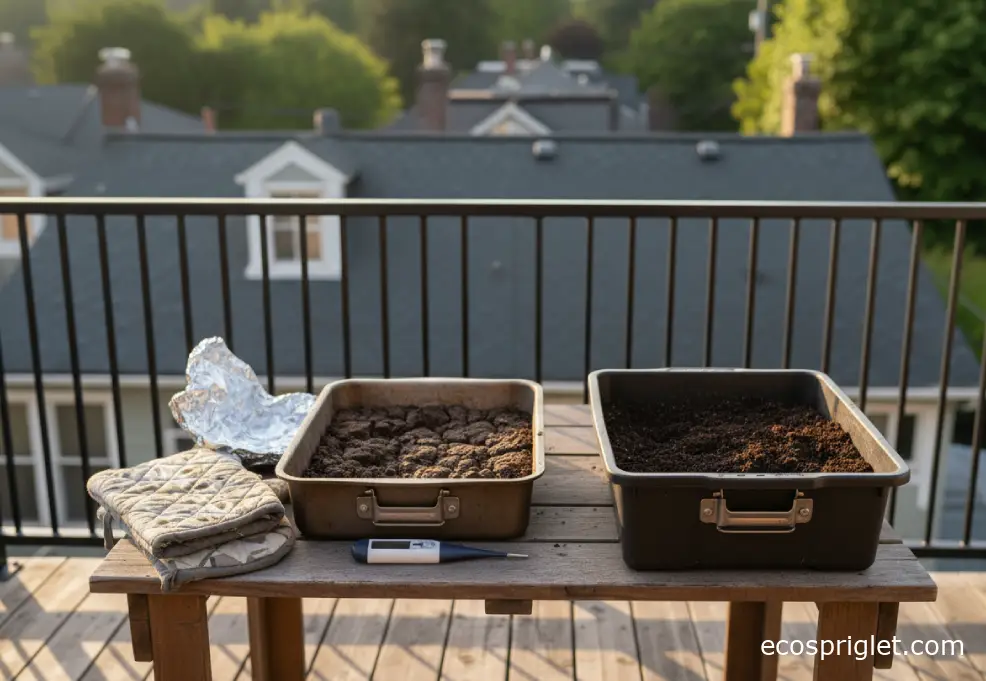 Comparison of overheated clumped soil versus healthy crumbly potting mix with a thermometer.