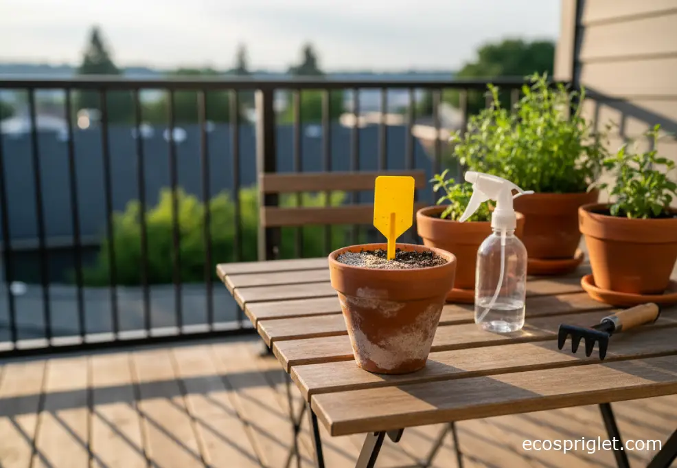 Sticky gnat trap beside a pot with a sand top layer to help manage fungus gnats.