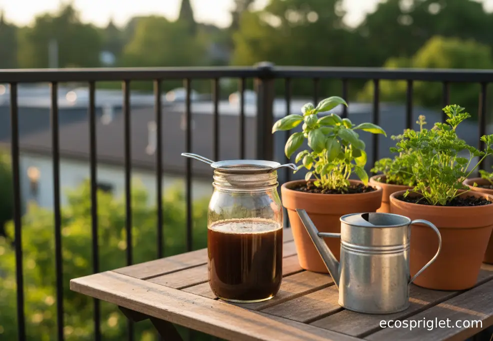 Glass jar of compost tea beside terracotta herb pots on a balcony table at golden hour.