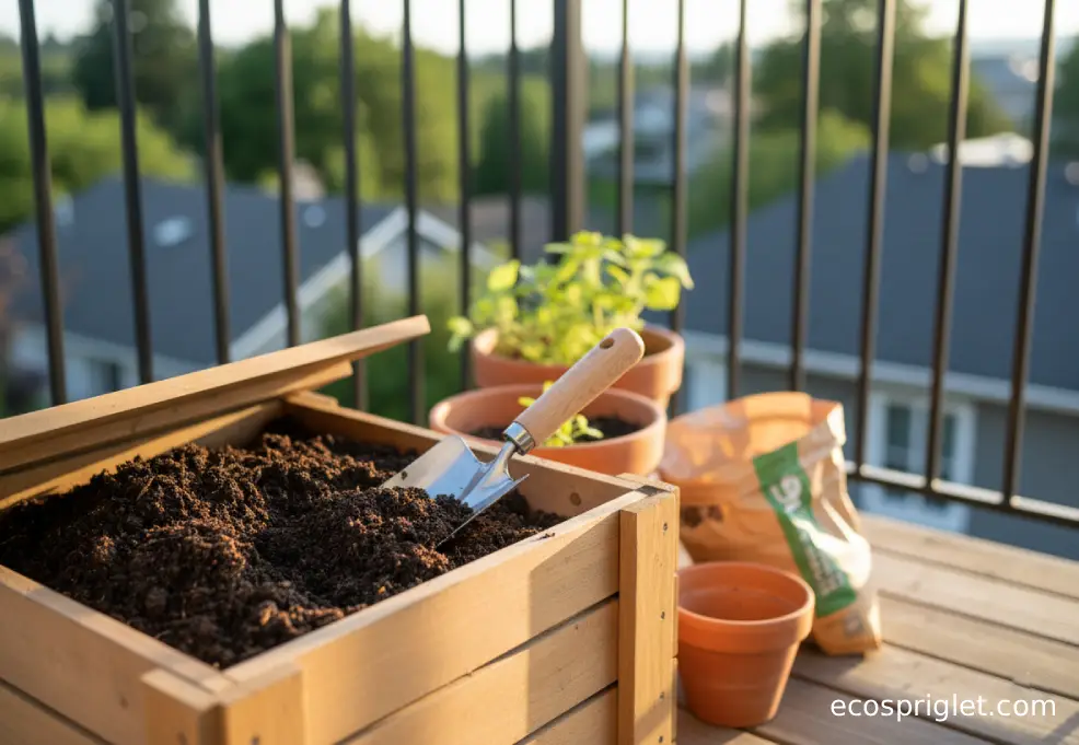 Finished crumbly compost in a small bin beside terracotta pots on a balcony deck.