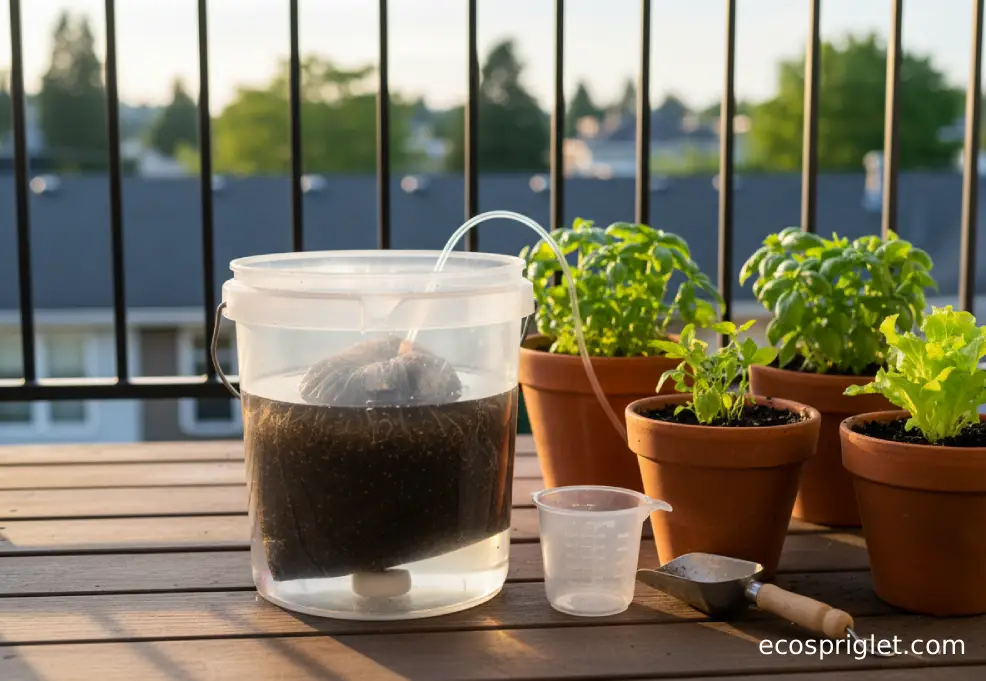 Bucket compost tea brewing with a mesh compost bag and gentle aeration on a balcony.