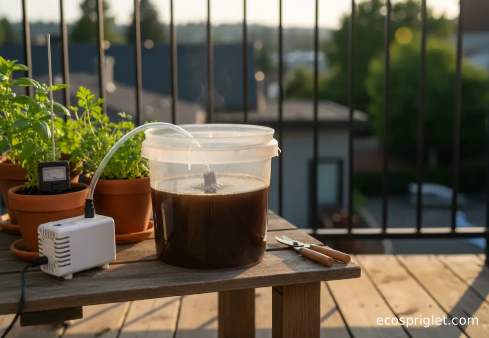 Aquarium pump aerating a bucket compost tea brewer setup on a small balcony table.