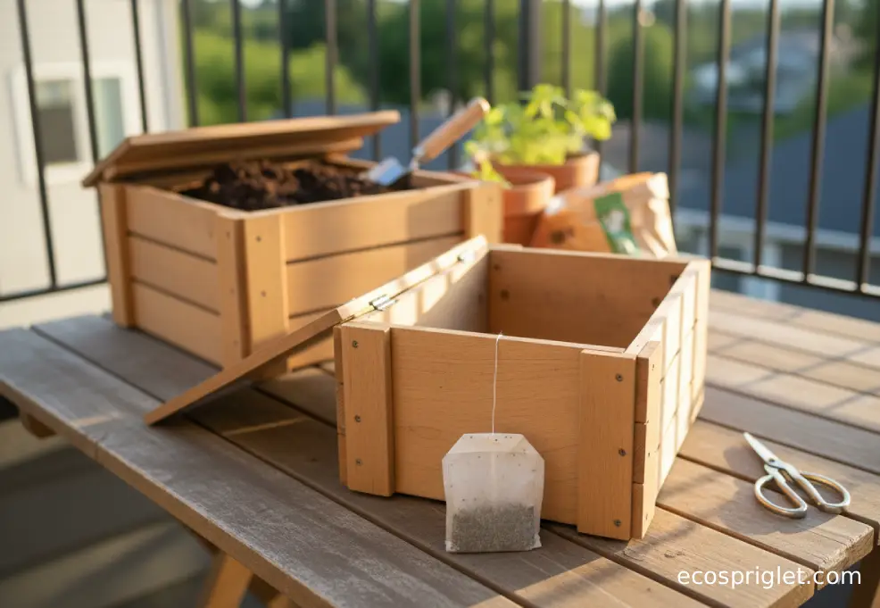 Tea bag cut open so tea leaves can be composted in a small balcony compost setup.