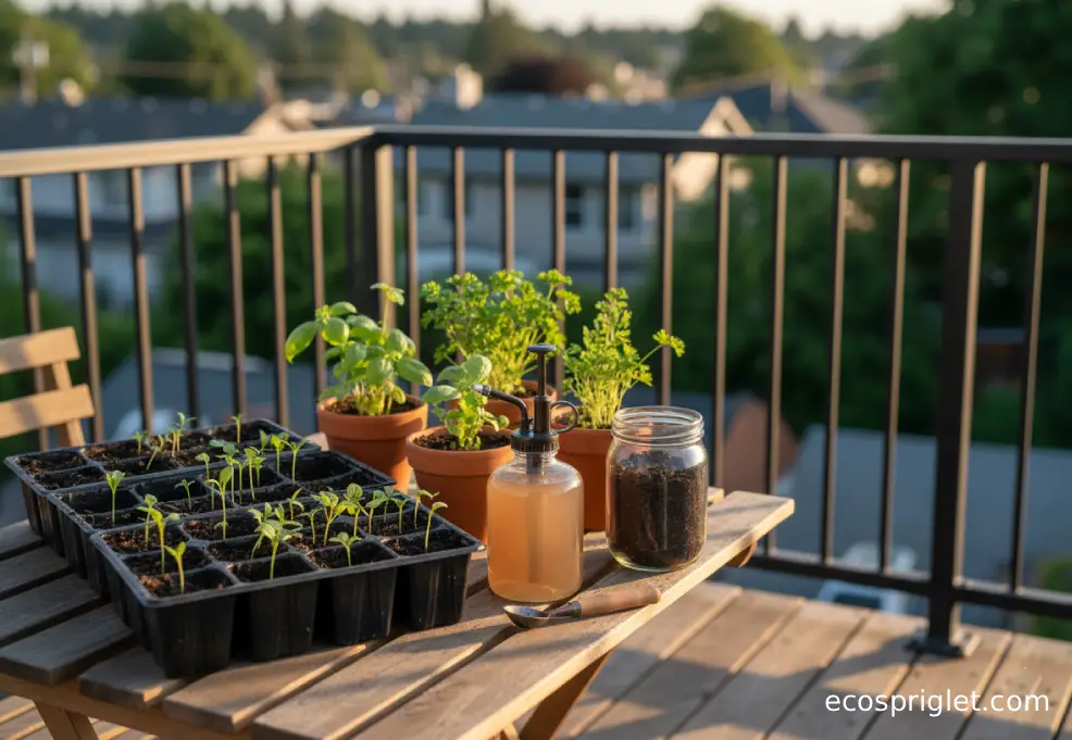 Diluted compost tea in a spray bottle beside seedlings and potted plants on a balcony table.