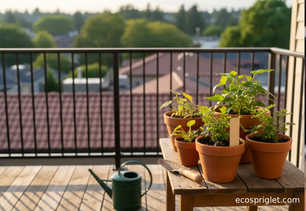 Close-up of a plant label and terracotta potted houseplants on a small terrace table.