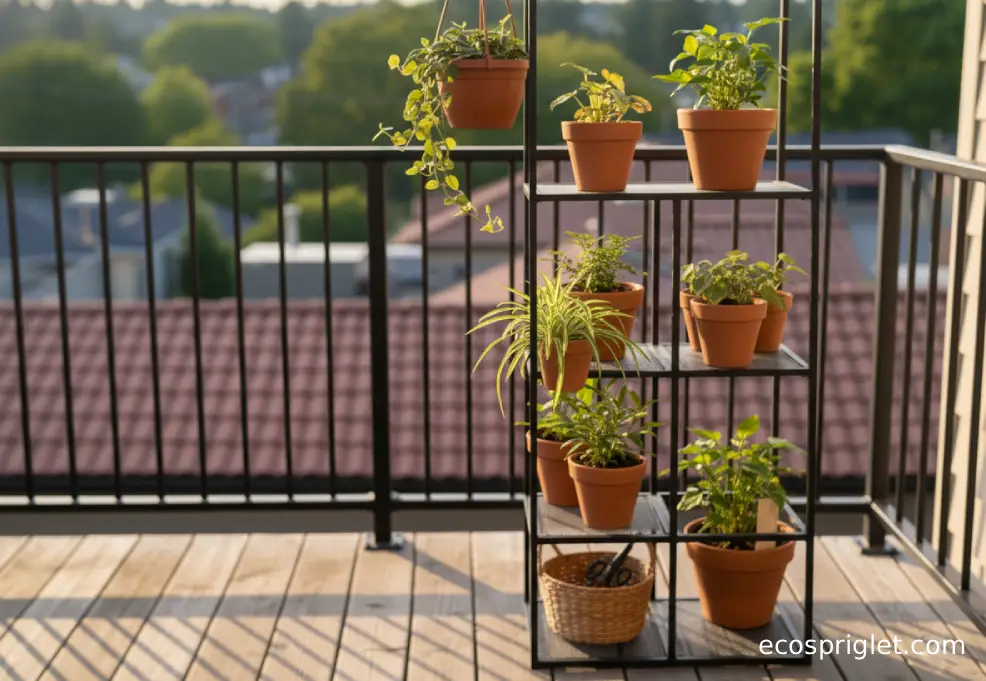 Hanging planter and tall plant stand with terracotta pots arranged to keep plants out of reach.