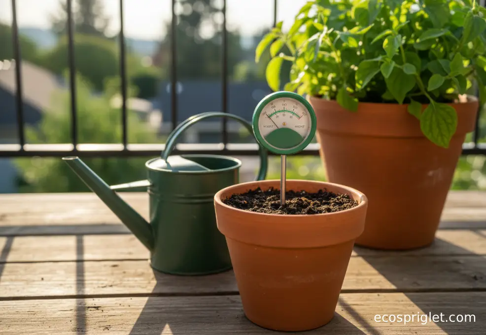 Moisture meter in a terracotta pot beside a small watering can on a wooden table.