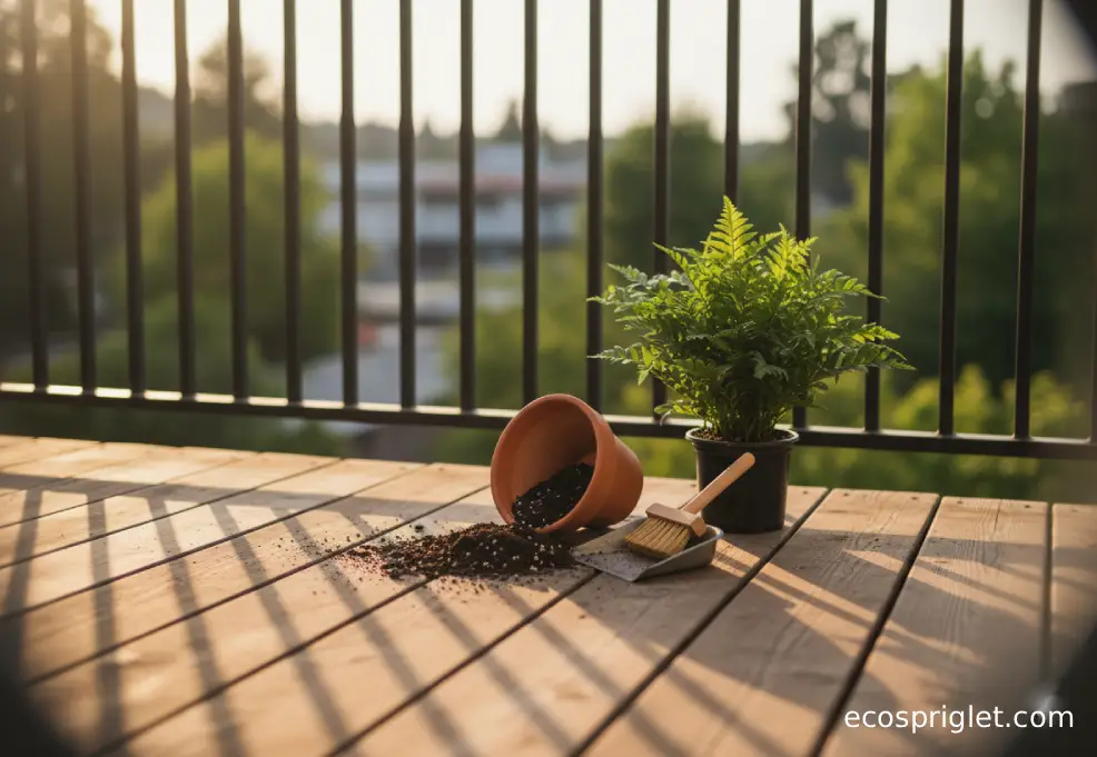 A tipped terracotta pot with a small soil spill beside a hand broom and dustpan.