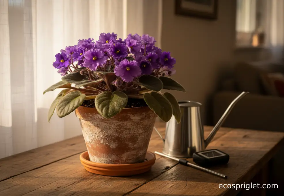 Blooming African violet in a terracotta pot on a table by a bright window with a watering can nearby.