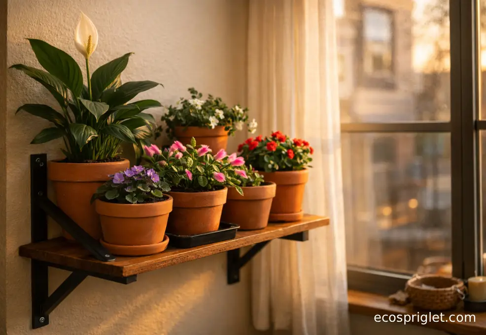 Apartment window shelf with flowering houseplants in terracotta pots arranged in bright indirect light.