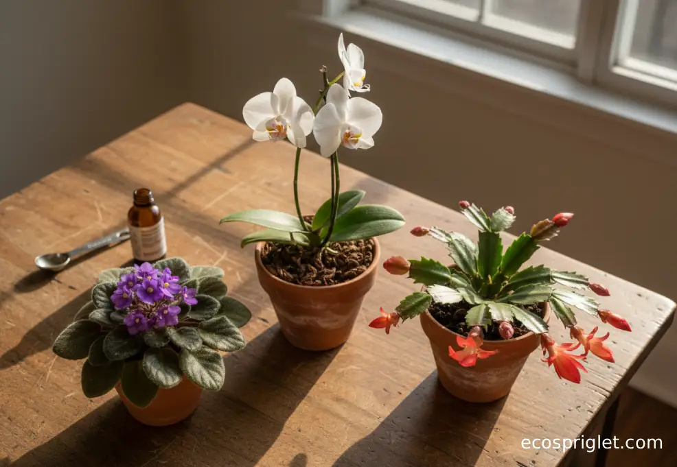 Orchid, African violet, and holiday cactus in terracotta pots arranged on a table near a bright window.