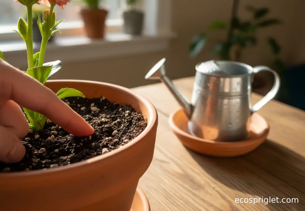 Finger testing the top layer of potting mix in a potted flowering houseplant next to a watering can.