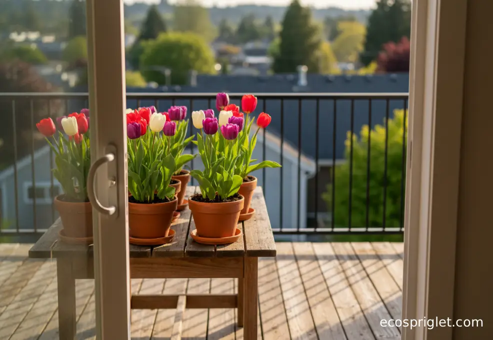 Potted tulips in bloom on a small terrace table just inside a sliding door, with city rooftops in the background.