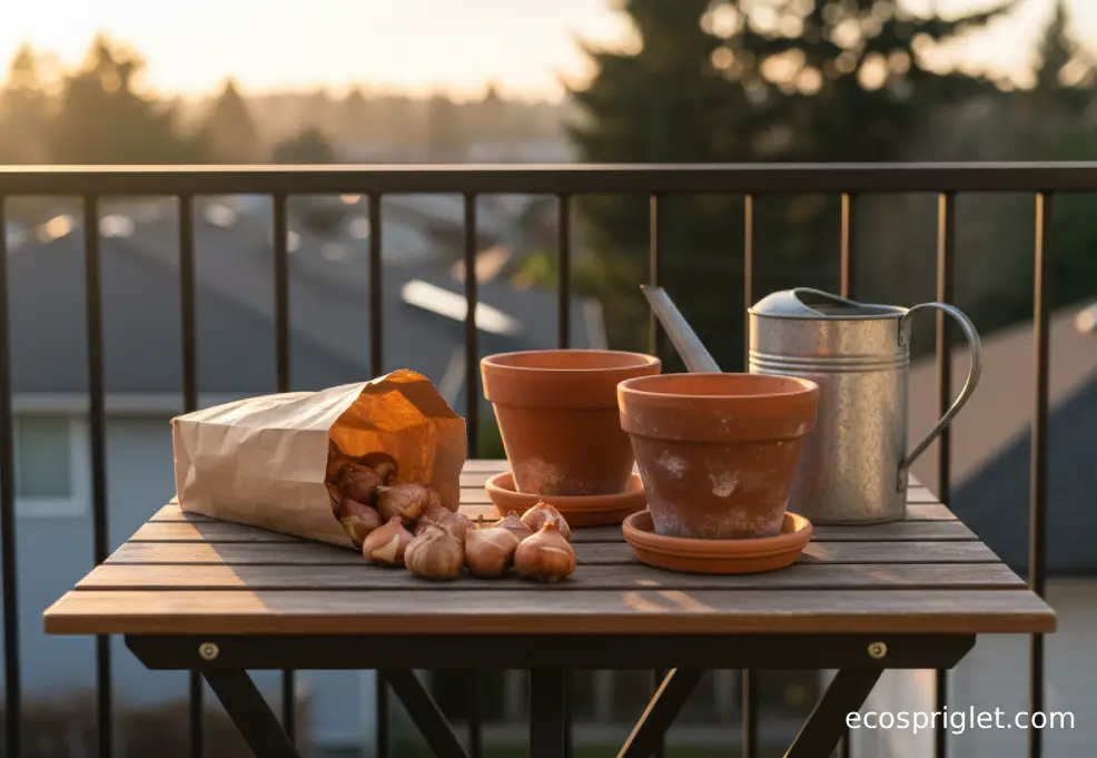 Tulip bulbs in a paper bag and small terracotta pots on a wooden table, ready for chilling before planting.