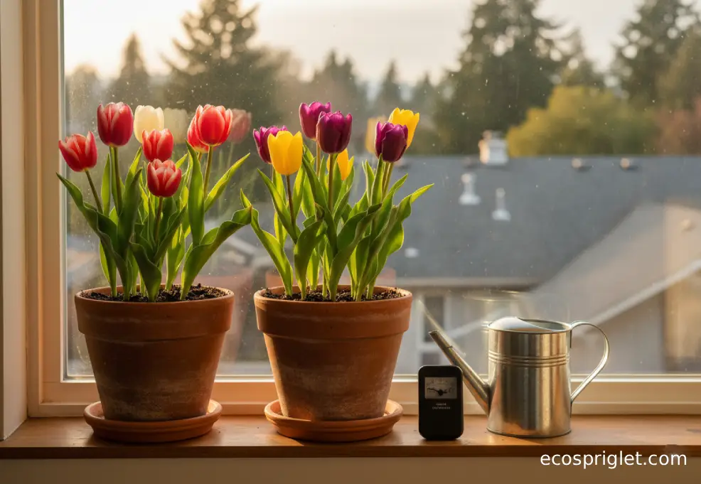 Blooming tulips in pots on a sunny apartment windowsill with a watering can nearby.