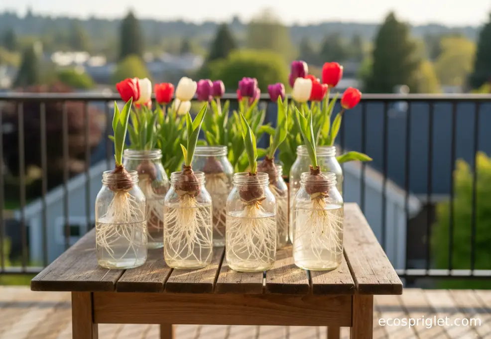Tulip bulbs suspended above water in clear glass vases on a wooden terrace table.