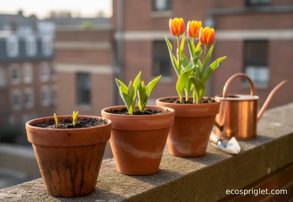 A row of tulip pots on a terrace ledge, one clearly overwatered with soggy soil compared to the others.
