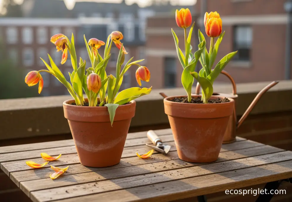 Fading tulip blooms in a pot on a terrace table, with yellowing leaves beside healthy green pots in the background.