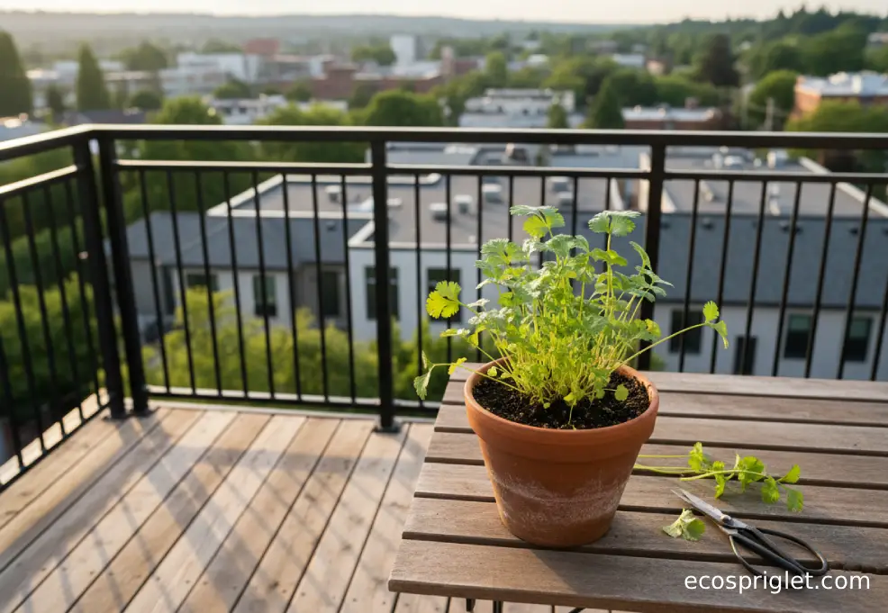 Cilantro stems about 6 inches tall in a terracotta pot with harvest scissors on a terrace table.