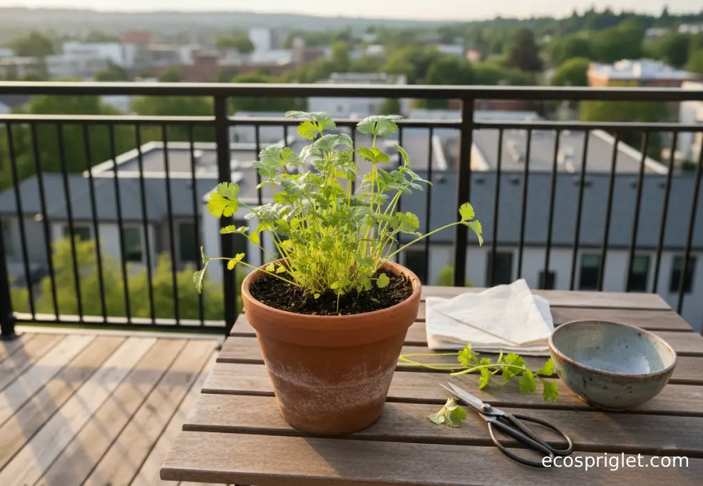 Harvest scissors and a small bowl beside a potted cilantro plant on a terrace table.