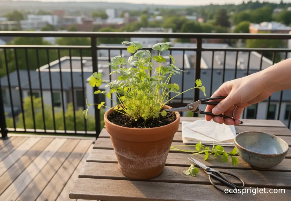 Snipping an outer cilantro stem near the base while leaving the center crown intact in a pot.