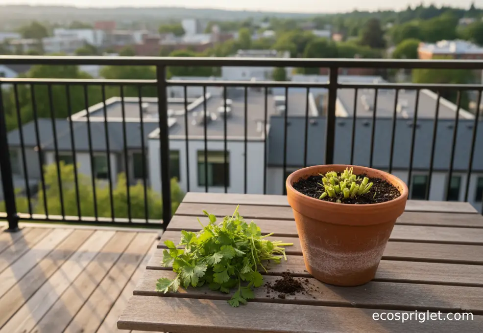 Cilantro cut back to about 1–2 inches above the soil with a harvested bunch beside the pot.