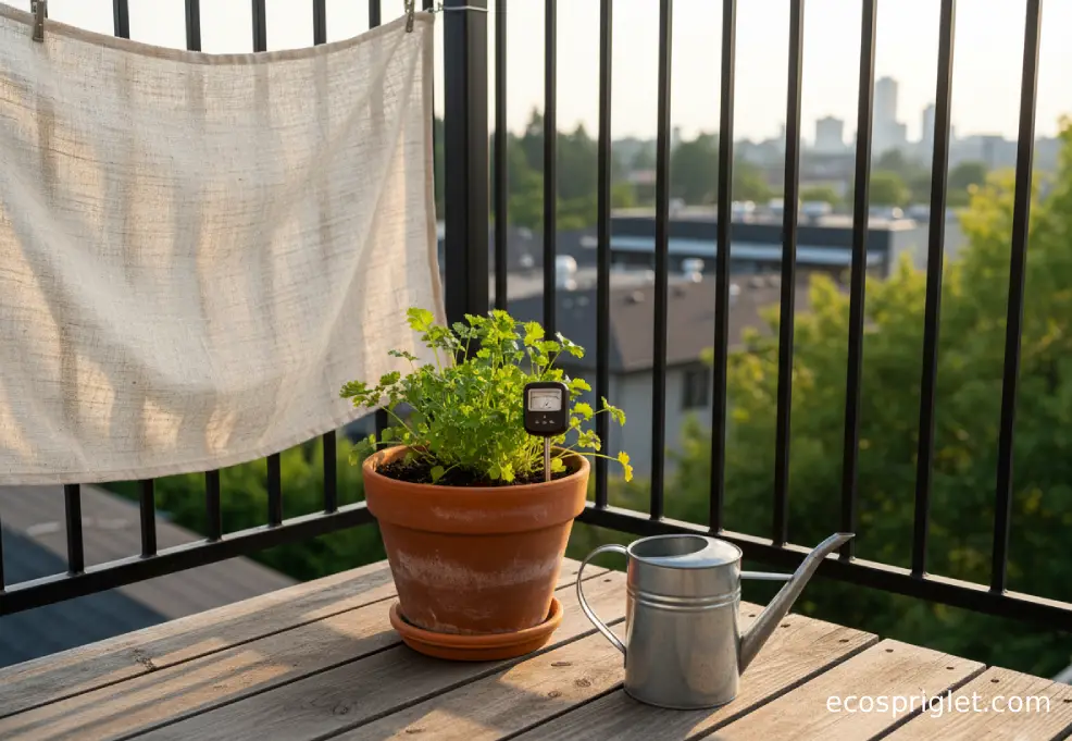 Potted cilantro set in partial shade with a simple shade cloth on a balcony railing.