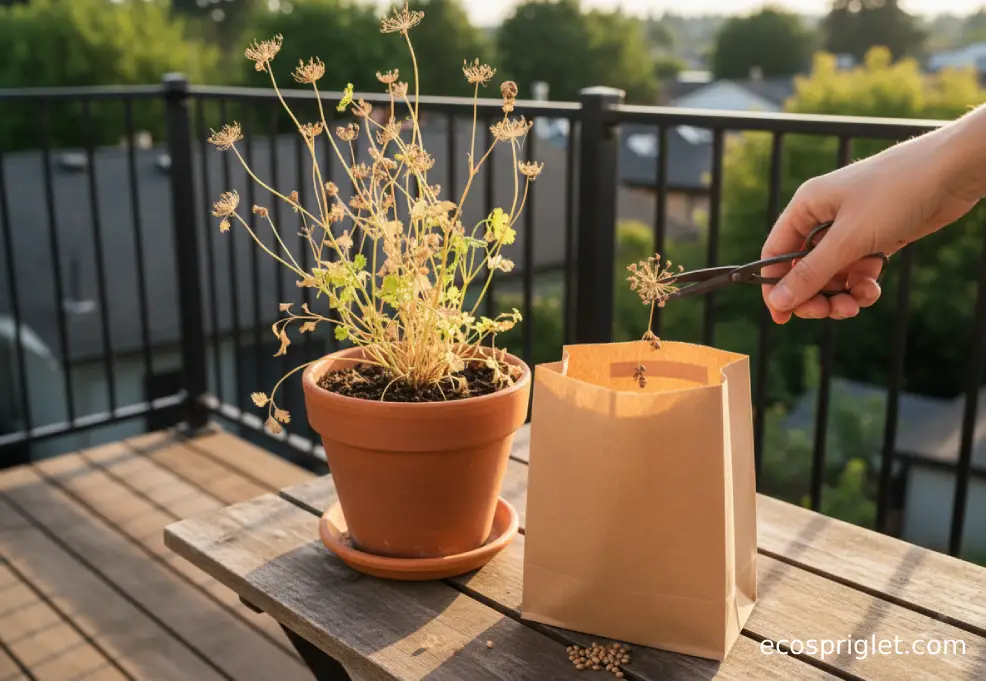 Snipping dried cilantro seed heads into a brown paper bag to collect coriander seeds.