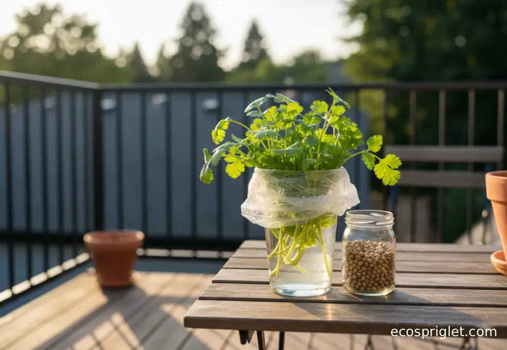 Cilantro stored as a bouquet in water next to a sealed jar of dried coriander seeds.