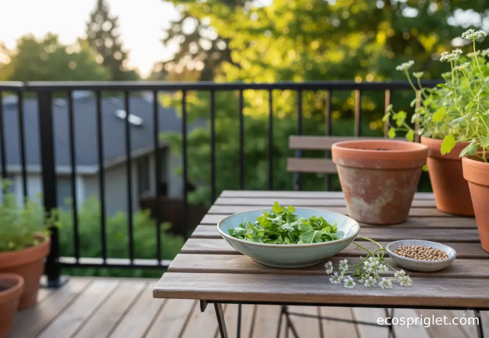 Chopped cilantro leaves and stems with a few cilantro flowers and coriander seeds on a terrace table.