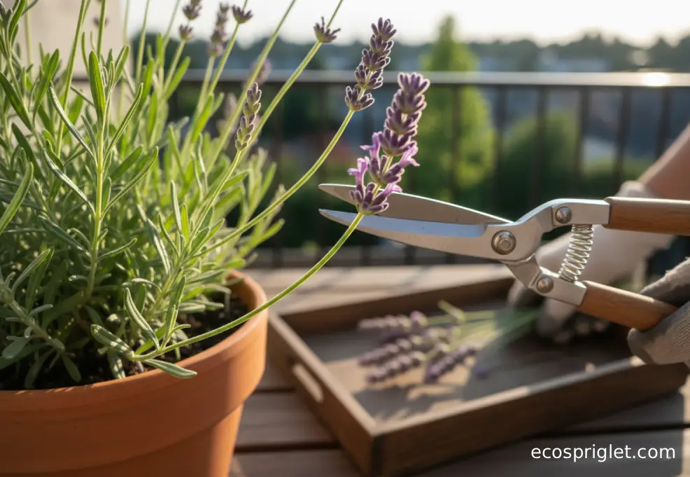 Shears cutting lavender stems above the leafy growth, showing the correct harvest cut.