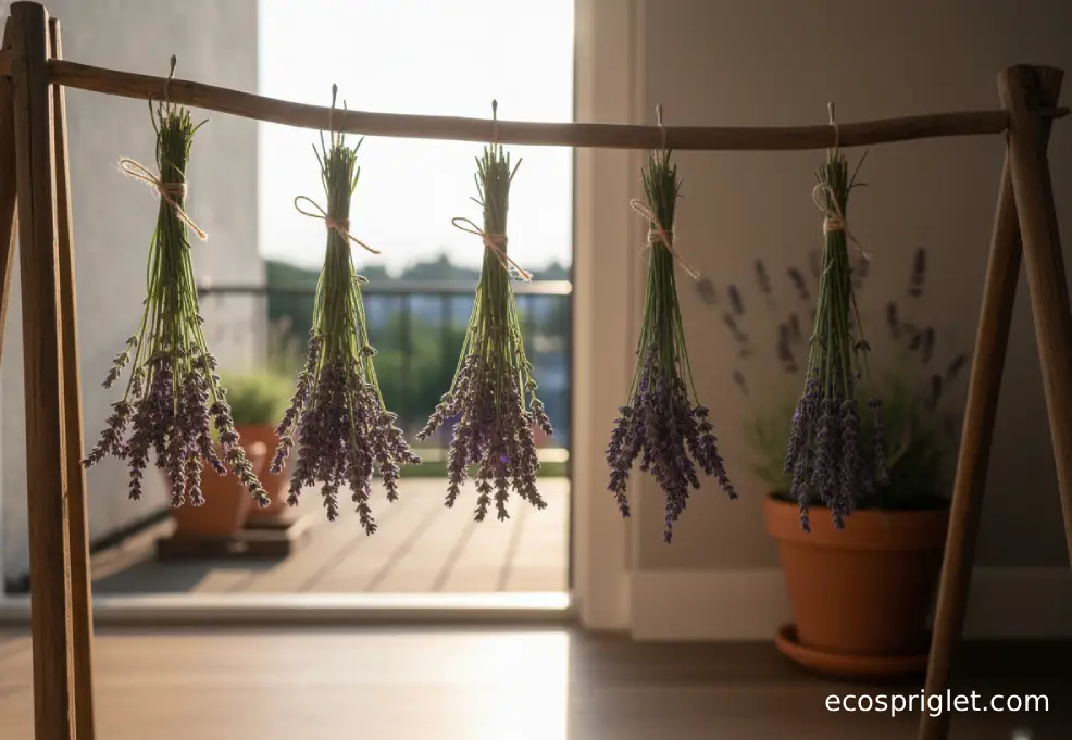 Lavender bundles hanging upside down to dry in a dark, airy corner.