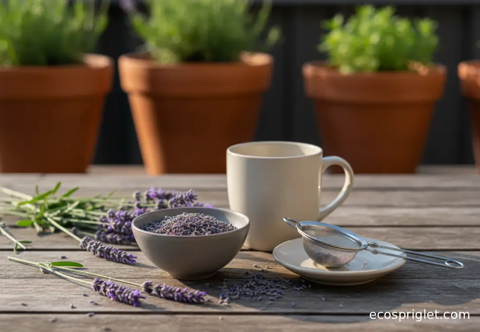 Dried lavender buds next to a mug and tea infuser on a terrace table.