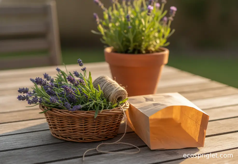 Basket of freshly harvested lavender stems with twine on a balcony table.