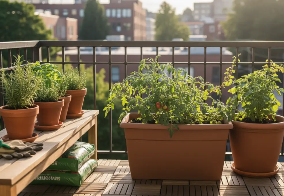 Small balcony container garden with open bags of potting mix beside terracotta herb pots and one tomato container in soft morning light.