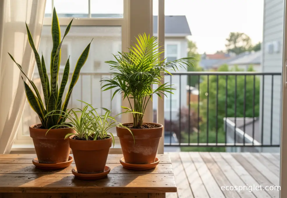 A small grouping of snake plant, spider plant, and parlor palm in terracotta pots beside an open apartment window at golden hour.