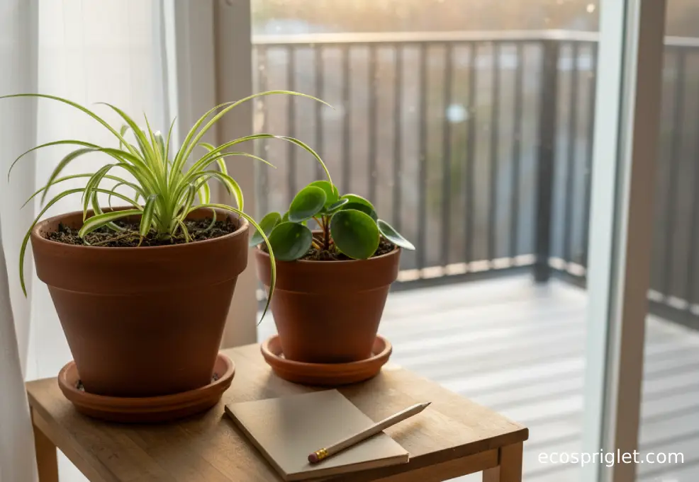 A simple plant shelf by a bright window with a spider plant and peperomia in terracotta pots and a blank notebook for care notes.