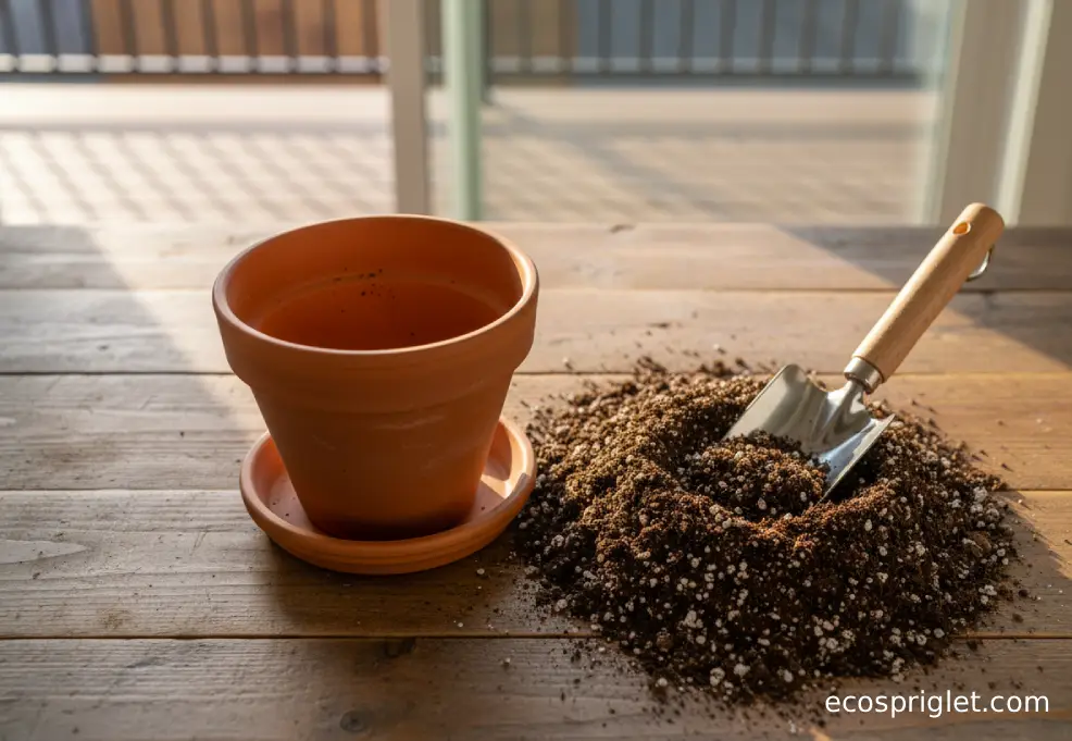 A terracotta pot with a drainage hole beside a matching saucer, a hand trowel, and loose potting mix on a wooden table.
