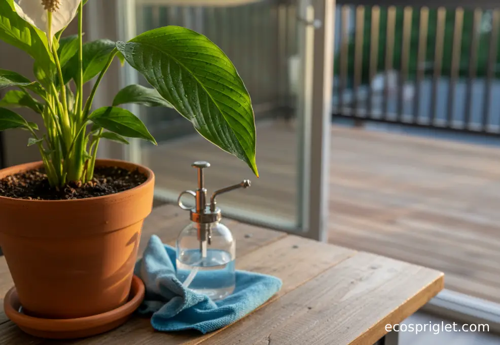 A peace lily with clean, dust-free leaves on a table next to an unbranded spray mister and a soft cloth.