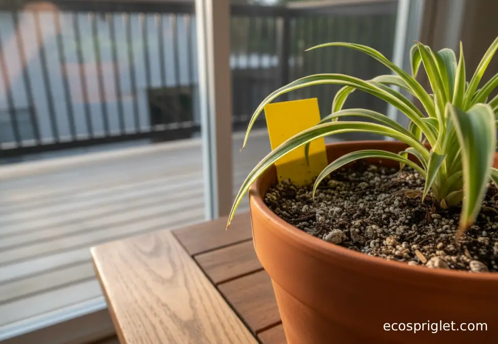 A spider plant with brown leaf tips next to a yellow sticky gnat trap and a pot with slightly dry soil on a wooden table.