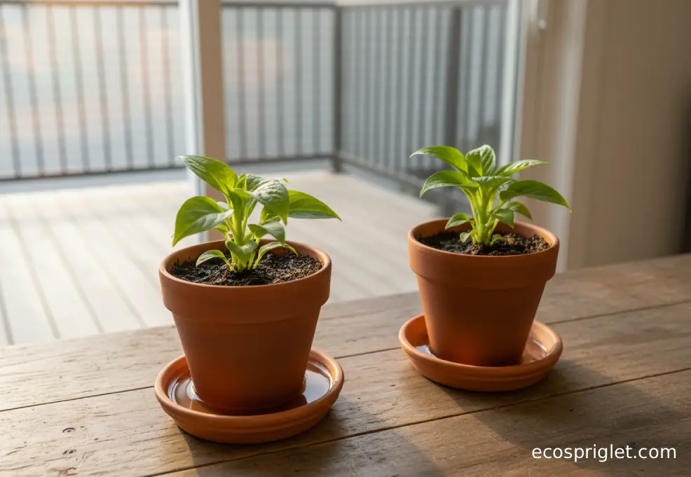 A small houseplant sitting in a saucer with standing water, next to a second plant in a pot with visible drainage holes and dry saucer.