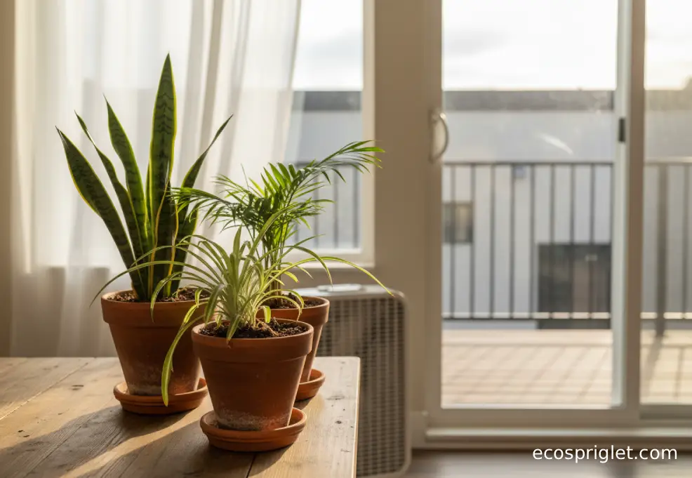 An open window beside a cluster of houseplants with a simple unbranded box fan in the background, softly out of focus.