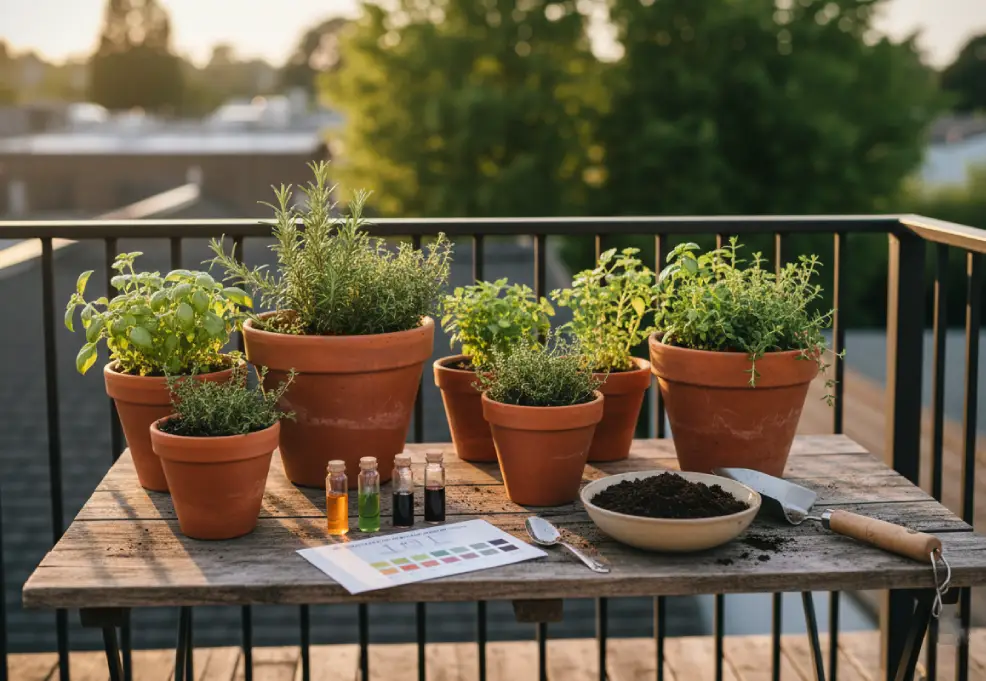 Glass vial soil pH test kit on a balcony table next to terracotta pots.